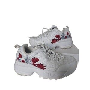 Fila Disruptor II Floral Embroidered Sneakers White Red Women's Size 8.5 EU 39.5